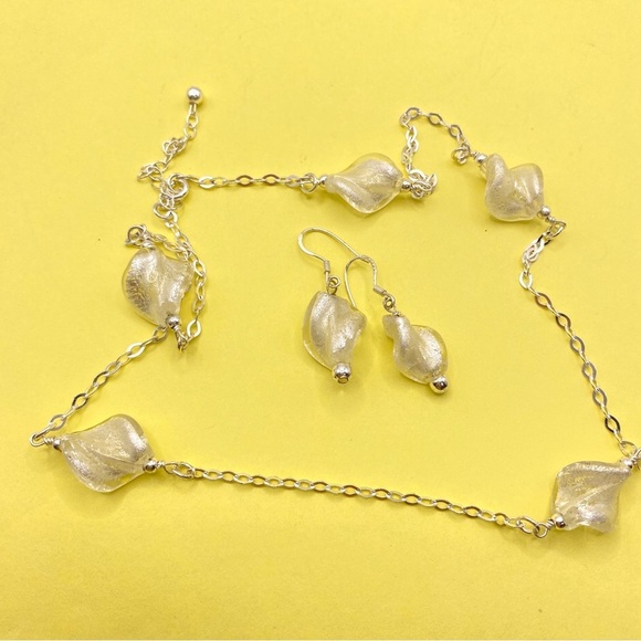 Silvertone Glass Twist Bead Necklace & Earrings Set - Picture 2 of 7